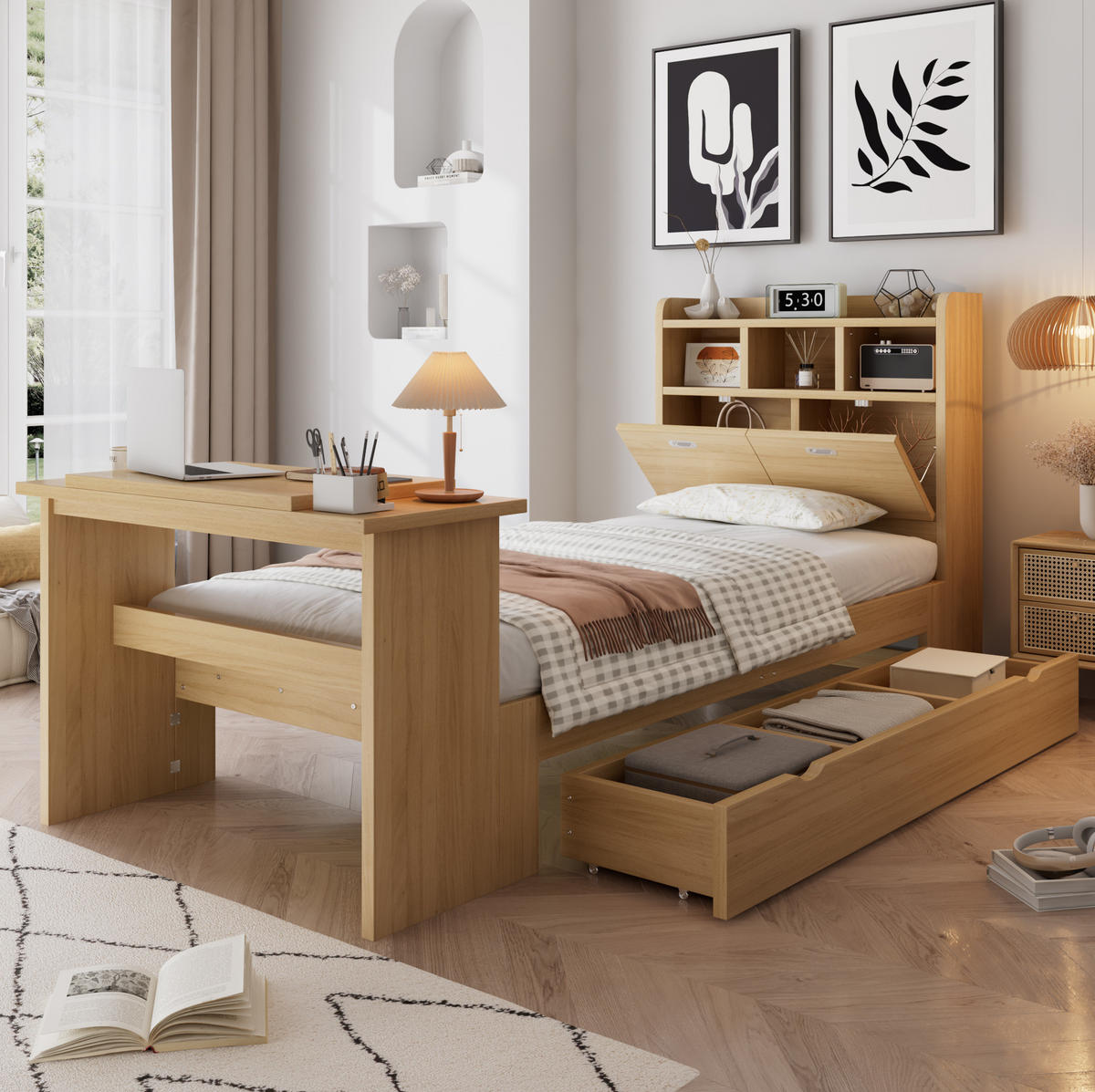 BETT 90x200 cm in Naturholzoptik mit Stauraum und Klapptisch - Naturfarben, Holz (90/200cm) - Flora Grace