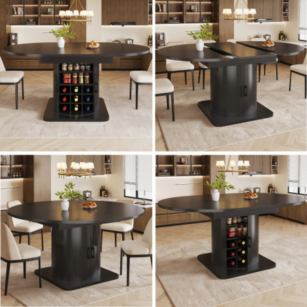 ESSTISCH Ausziehbarer 118-158×118×76 cm aus MDF und Metall mit integriertem Stauraum, schwarz - Schwarz, Holzwerkstoff (158/118/76cm) - Luhomfu