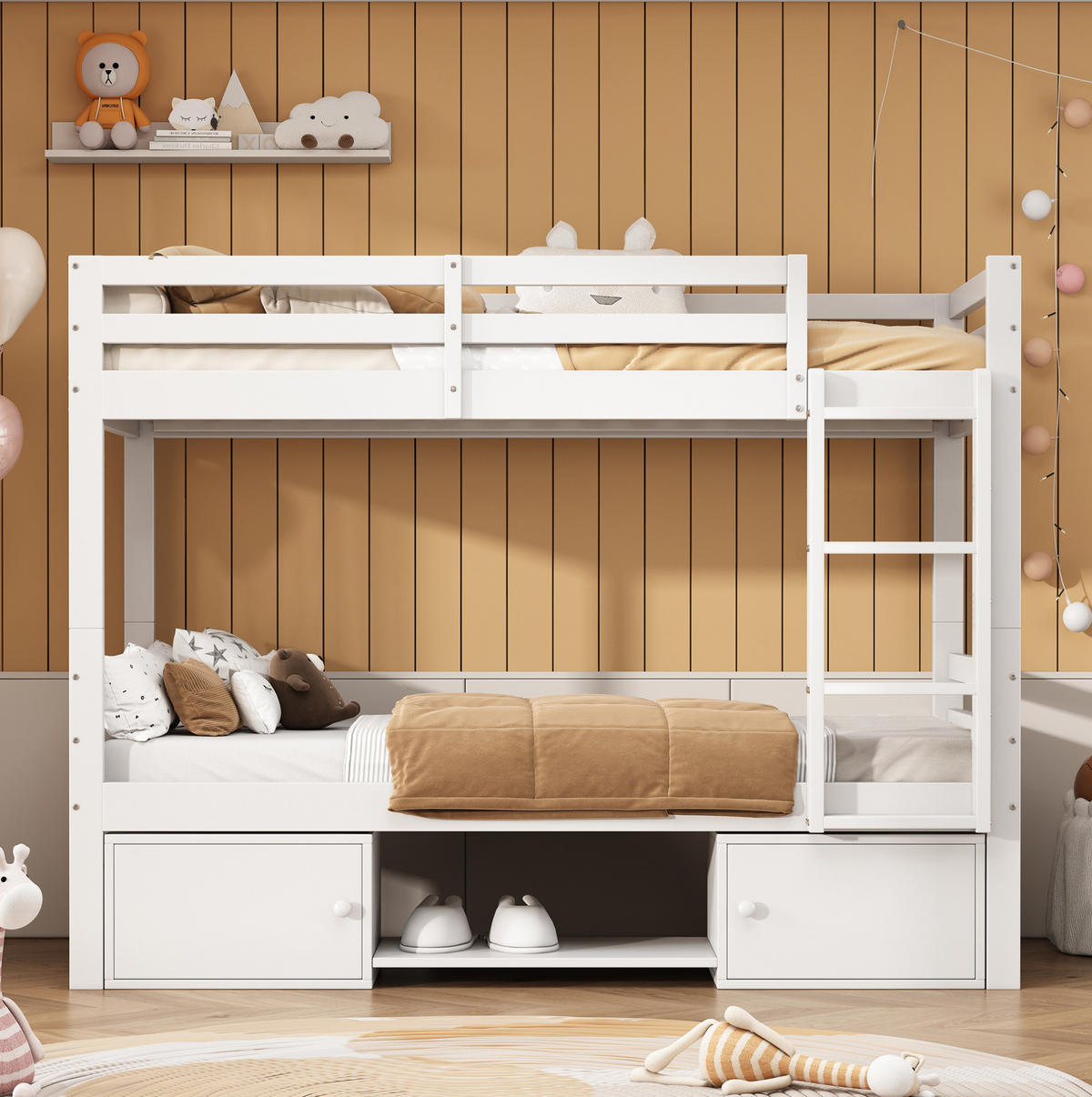 ETAGENBETT aus Massivholz und MDF 90x200 cm in Weiß mit Regalen & Schließfächern - Weiß, Holzwerkstoff (90/200cm) - Modfu
