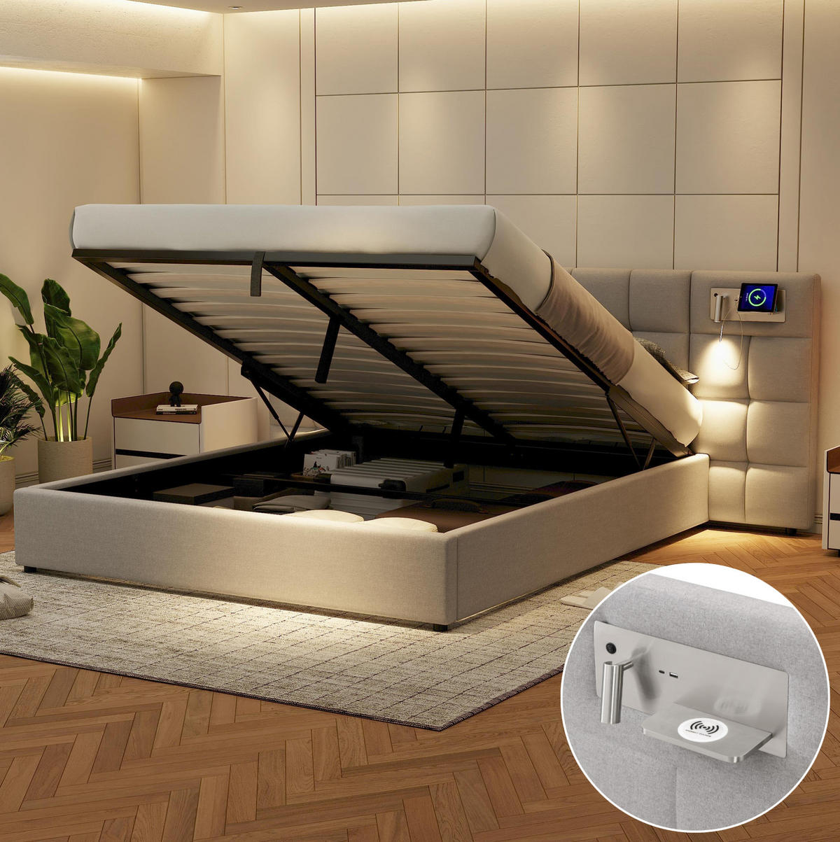 POLSTERBETT 180/200 cm mit hydraulischem Bettkasten, USB & Wireless Charging, Licht, Grau - Grau, Textil (180/200cm) - Redom