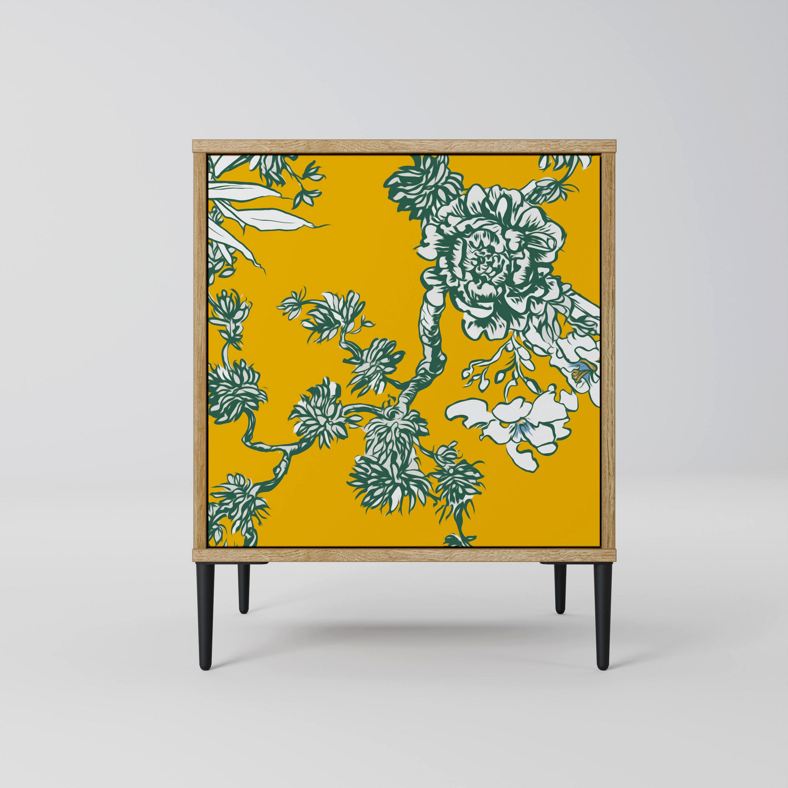 SIDEBOARD YELLOW CHINOISERIE, Eichefarben, 57,5x42x72,5 cm, Schwarze Metallfüße - Eichefarben/Multicolor, Holzwerkstoff/Metall (57.5/72.5/42cm) - SpaceRebels