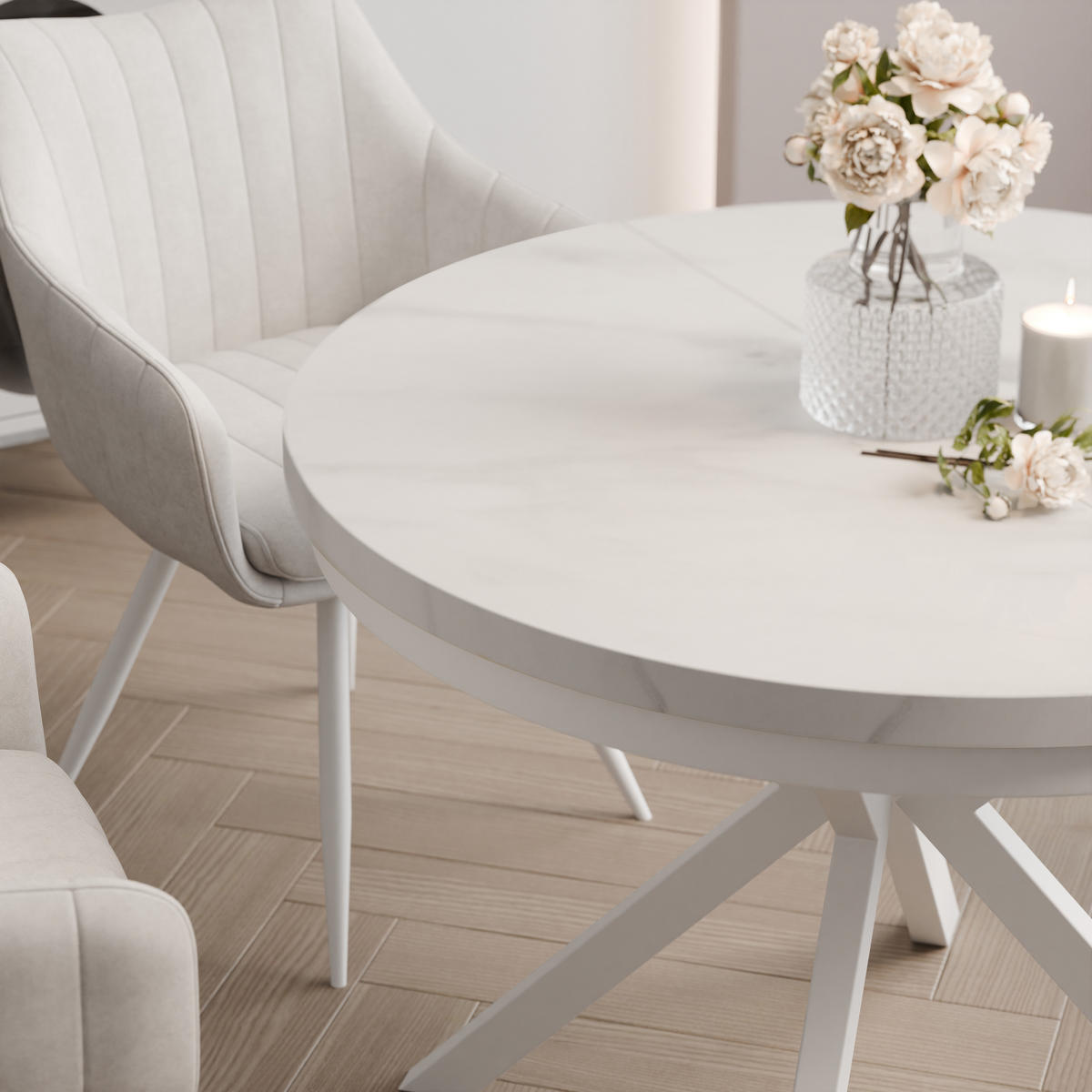 AUSZIEHTISCH MILTON 120-196/76 cm mit Metallgestell und Zarge, Weiß / Bianco Marmor - Perlmutt/Weiß, Holzwerkstoff/Metall (120/120/76cm) - Idohome