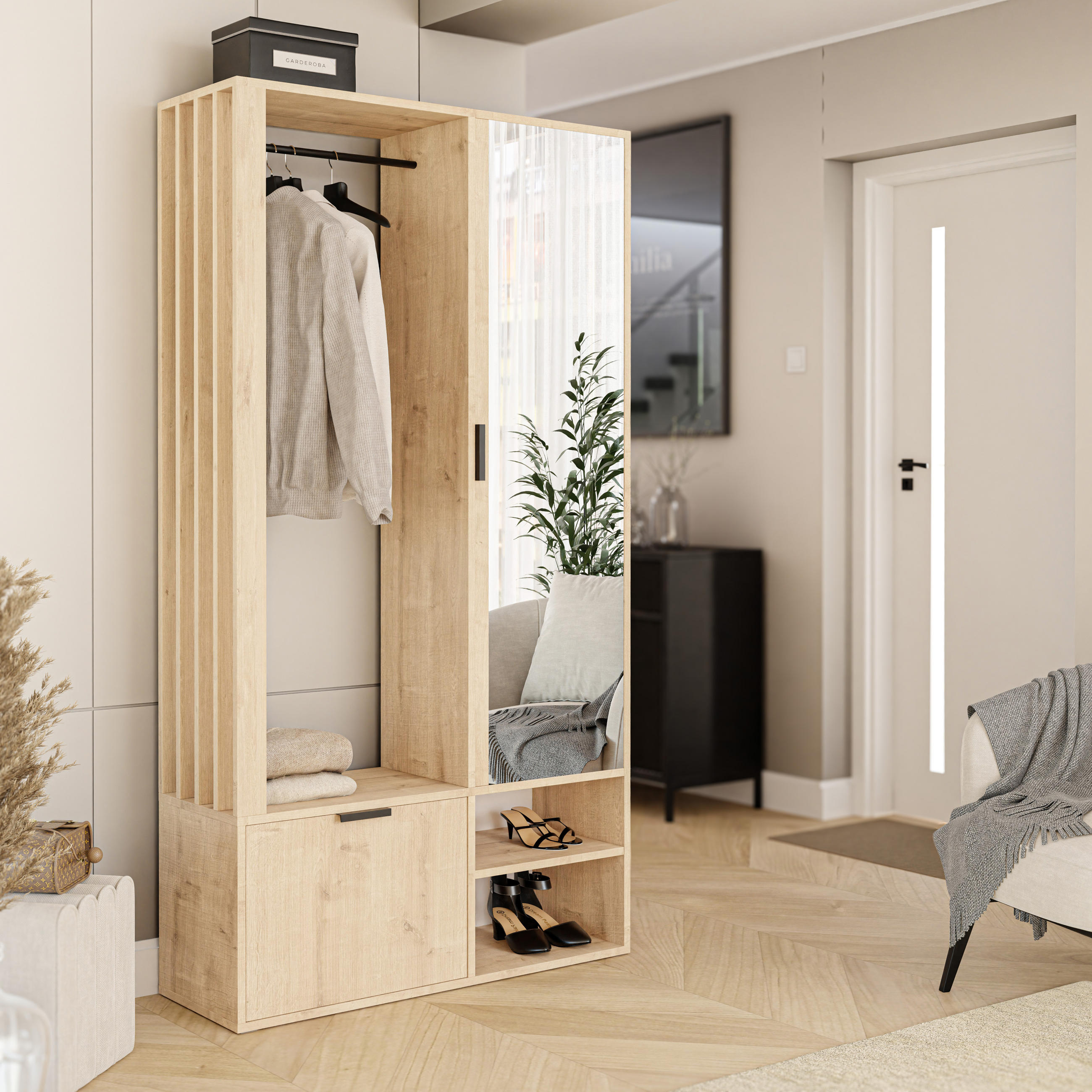 GARDEROBENSCHRANK mit Spiegel-mit Ablagen und Kleiderstange - Braun, Holzwerkstoff (100/190/33cm) - Idohome