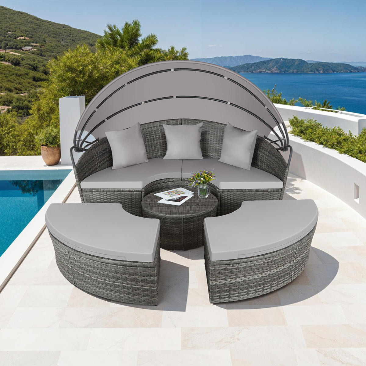 RATTAN SONNENINSEL Santorin,variabel aufstellbar,grau - Grau, Kunststoff (171/136/175cm) - tectake
