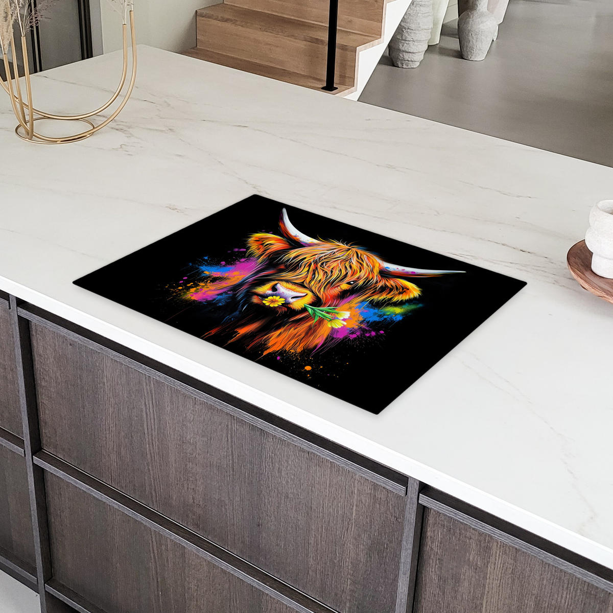 HERDABDECKPLATTE Schottischer Highlander - Graffiti - Bunt - Blume - Tiere Herdabdeckung Induktionsfeld 75x52 cm - Multicolor, Kunststoff (75/52/0.2cm) - MuchoWow