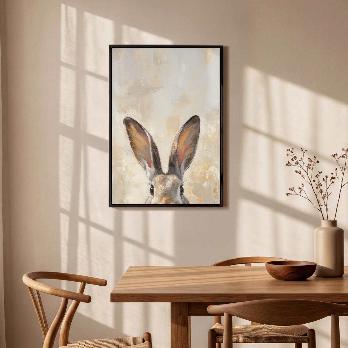LEINWAND Bilder mit Rahmen - Hase - Ohren - Braun - 60x90 - Beige, Textil (60/90cm) - MuchoWow