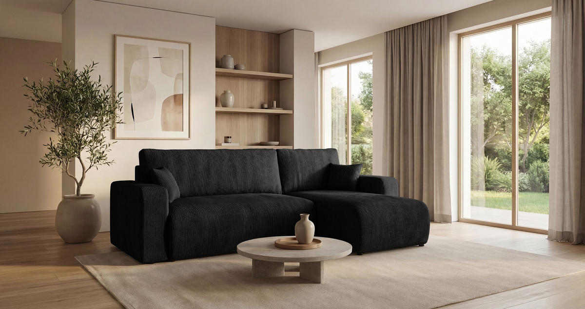ECKSOFA PARIS rechts schwarz Cord Poso 135 - Schlaffunktion, Bettkasten - Schwarz, Textil (255/149cm) - Cornero