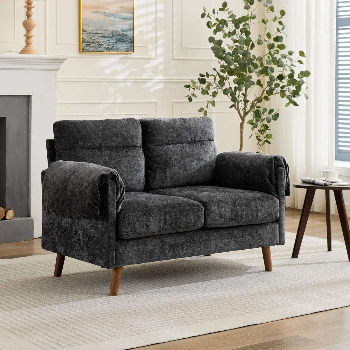 2-SITZER SOFA Chenille Schwarz - Schwarz, Holzwerkstoff/Textil (70/85/124cm) - WISHDOR