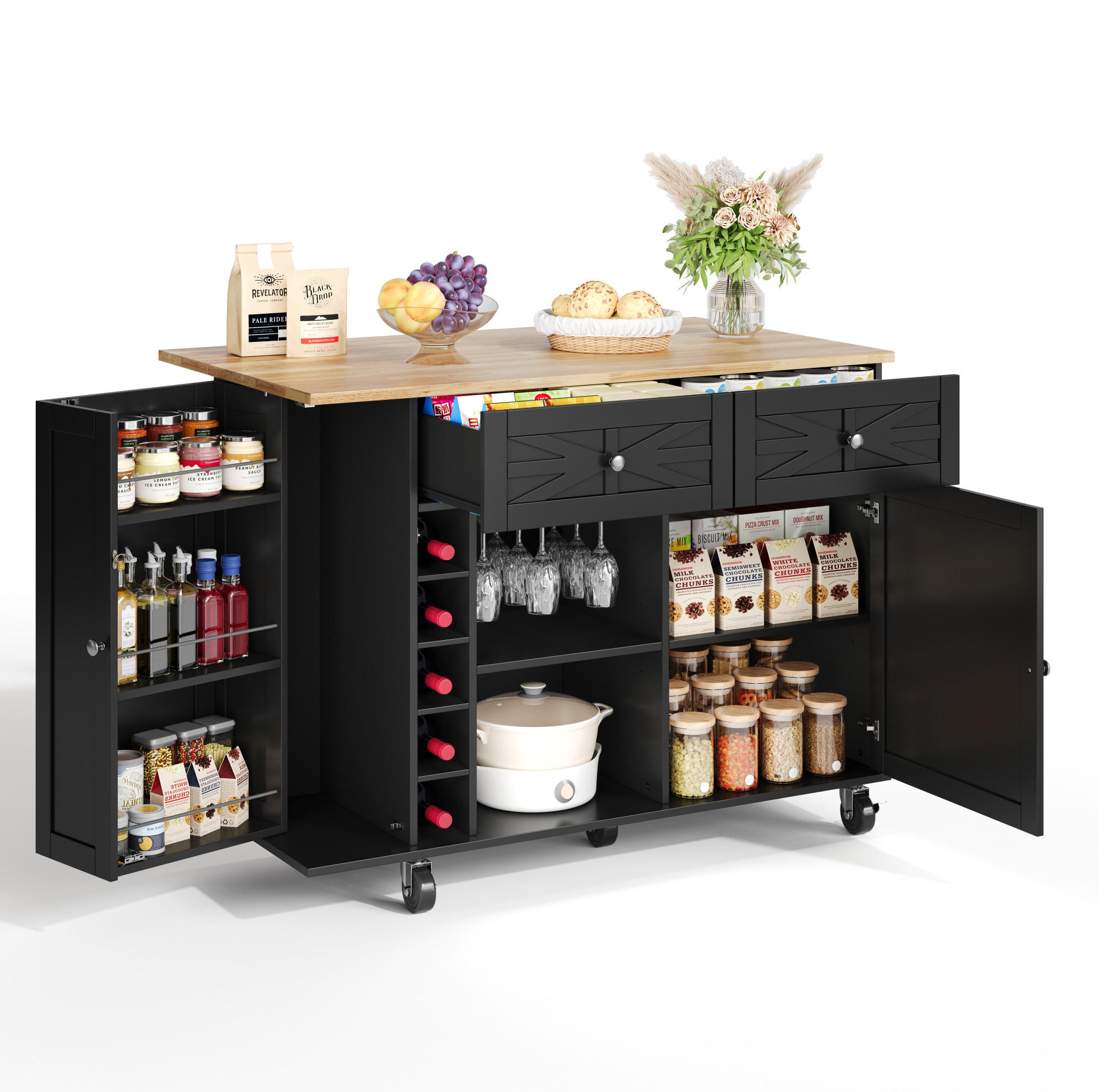 Modfu KUCHYŇSKÝ ostrůvek z MDF 120x45(70)x89 cm černý se sklopnou deskou, zásuvkami, držákem na sklenice a kolečky