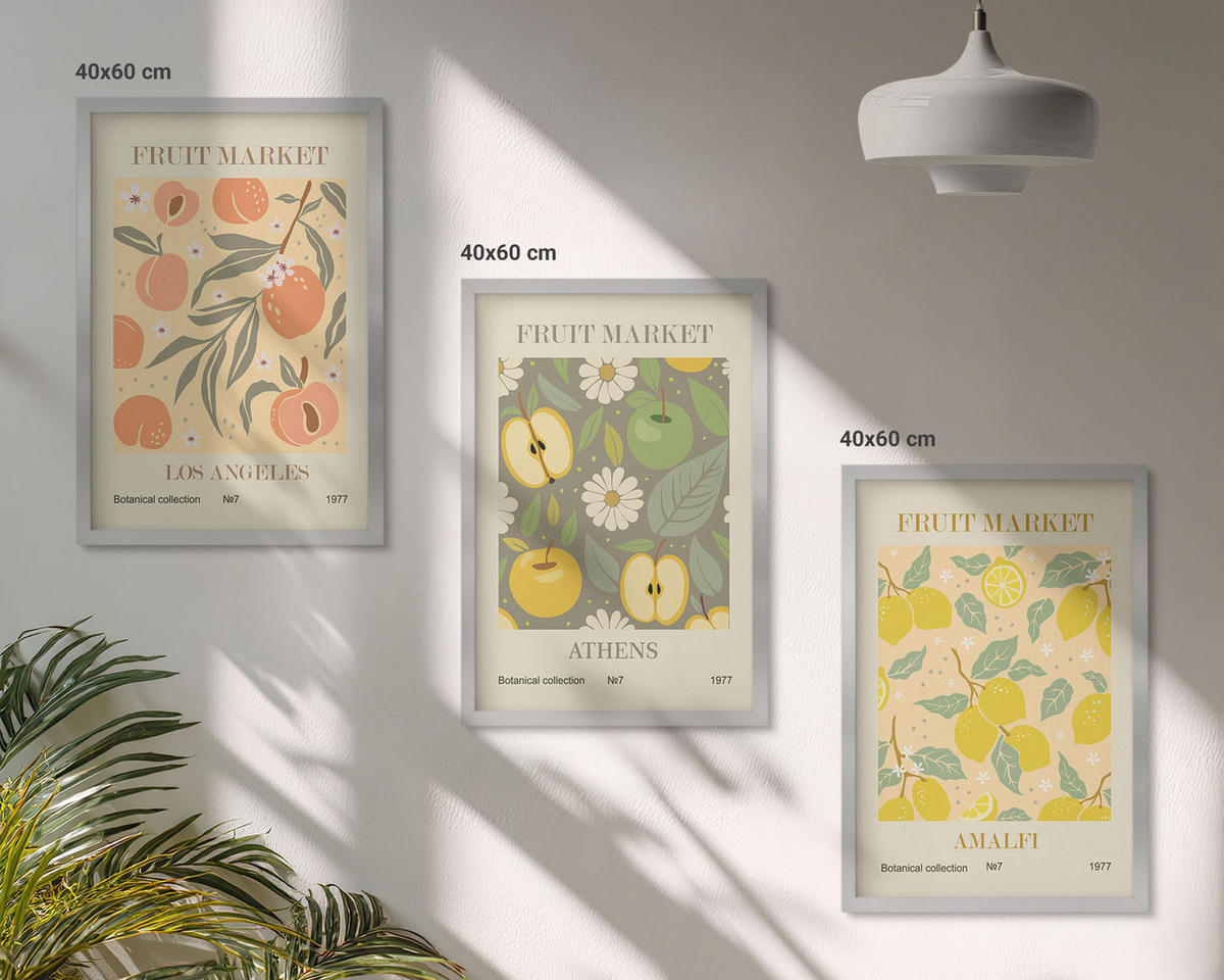 WANDBILDER 3er Set - 40x60 cm Silberner Rahmen - Retro-Poster mit Fruchtmustern - Silberfarben, Kunststoff (40/60cm) - ArtPrintCave
