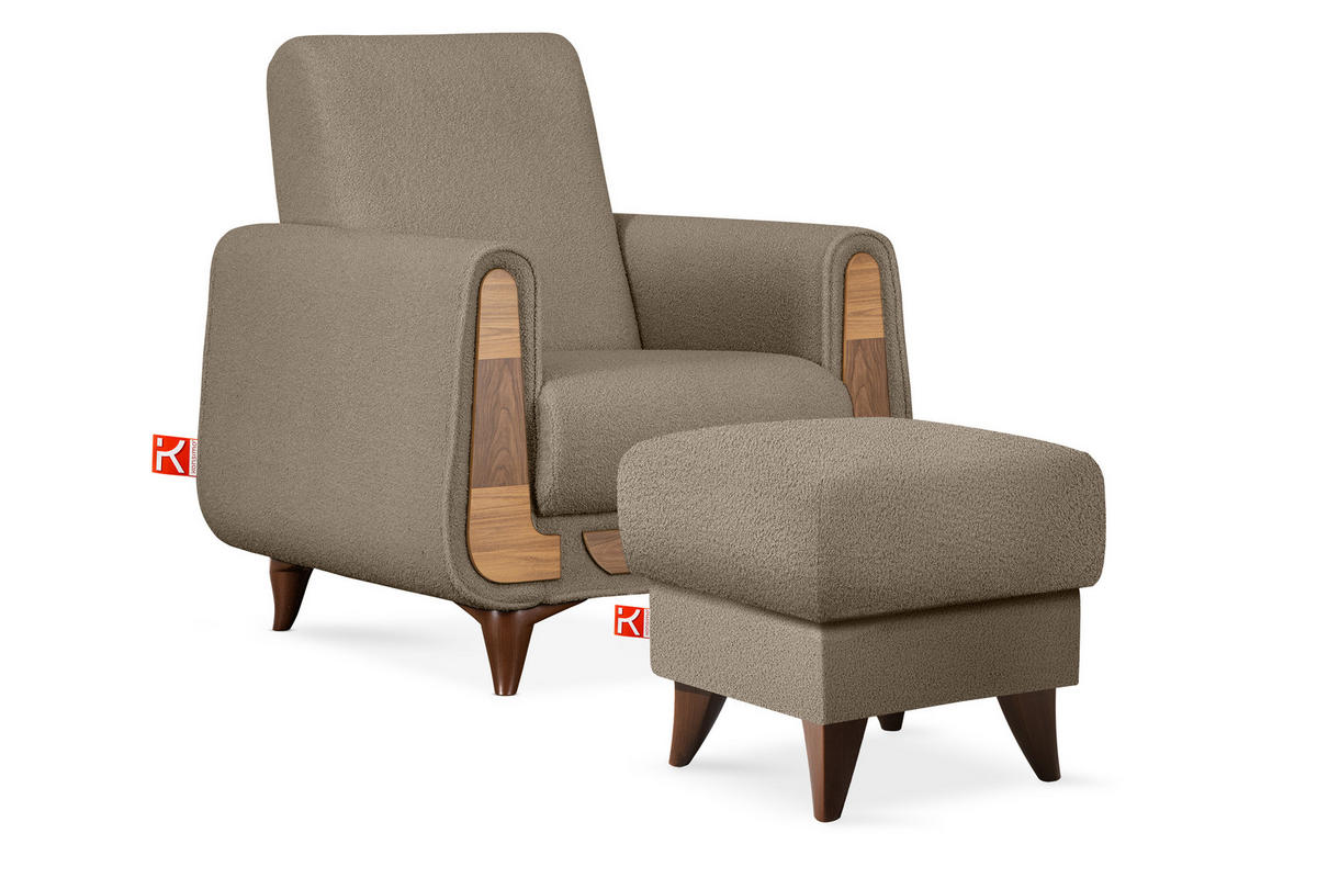 HOCKER GUSTAVO Fußstütze, Bouclé, Dunkelbeige - Graubraun/Beige, Holz/Holzwerkstoff (53/49/53cm) - KONSIMO®