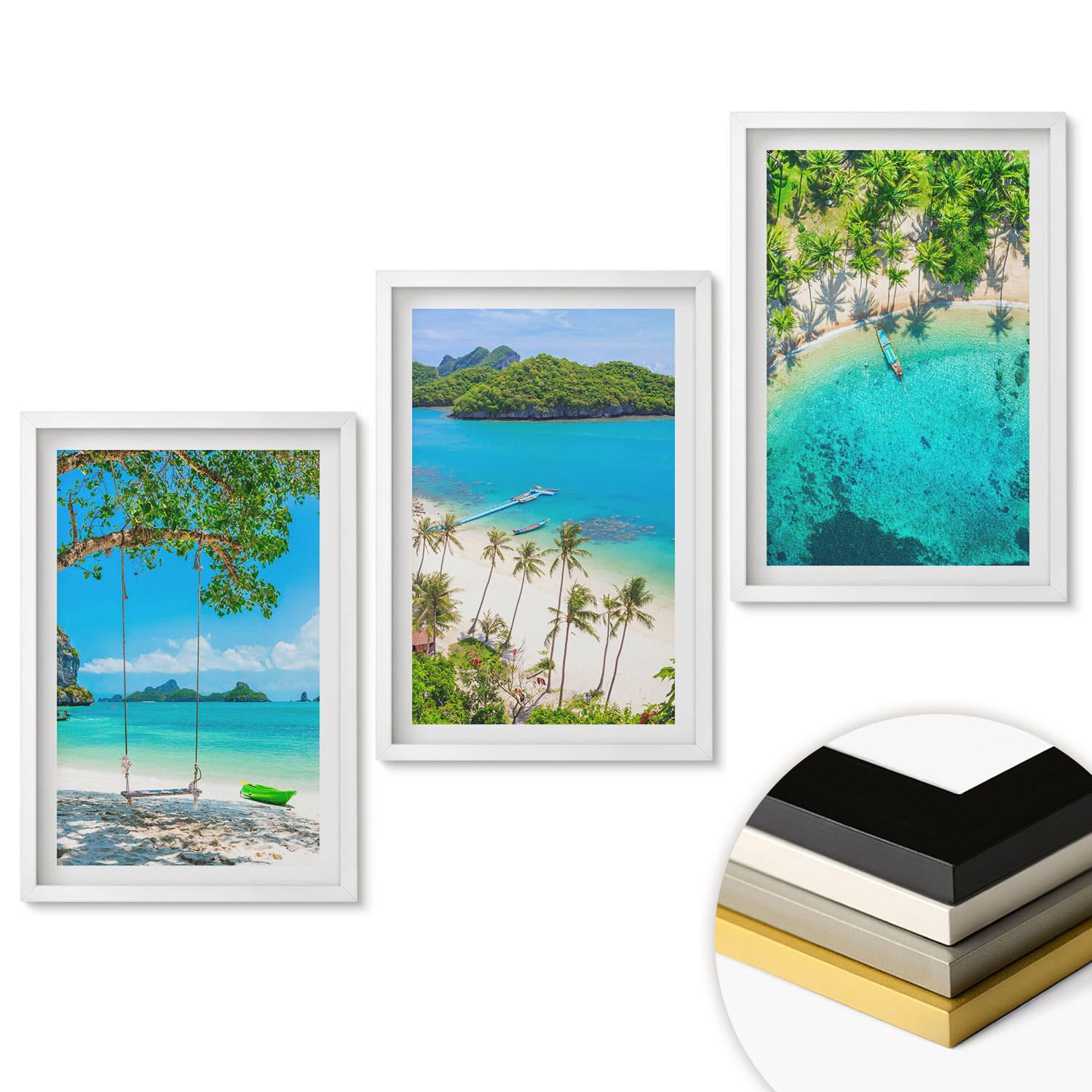 WANDBILDER 3er-Set - 40x60 cm Weißer Rahmen - Strände, Palmen, klares Wasser - Weiß, Kunststoff (40/60cm) - ArtPrintCave