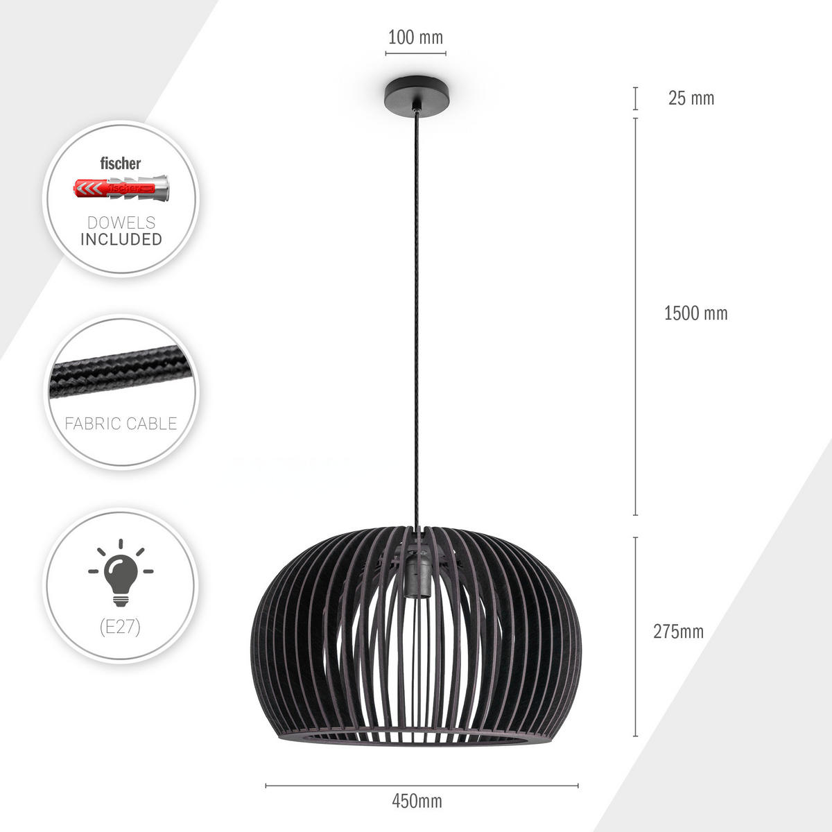 PENDELLEUCHTE Pulu S - Schwarz, Holz (45/45/27.5cm) - Paco Home