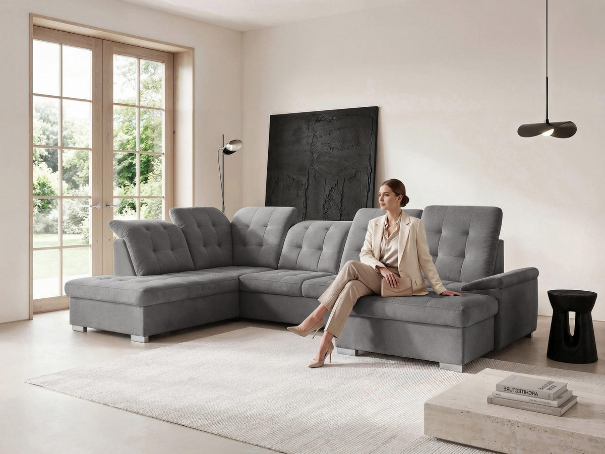 WOHNLANDSCHAFT ANON Ottomane Links, mit Schlaffunktion und Bettkasten, Grau - Grau, Kunststoff/Textil (322/87/220cm) - Idohome