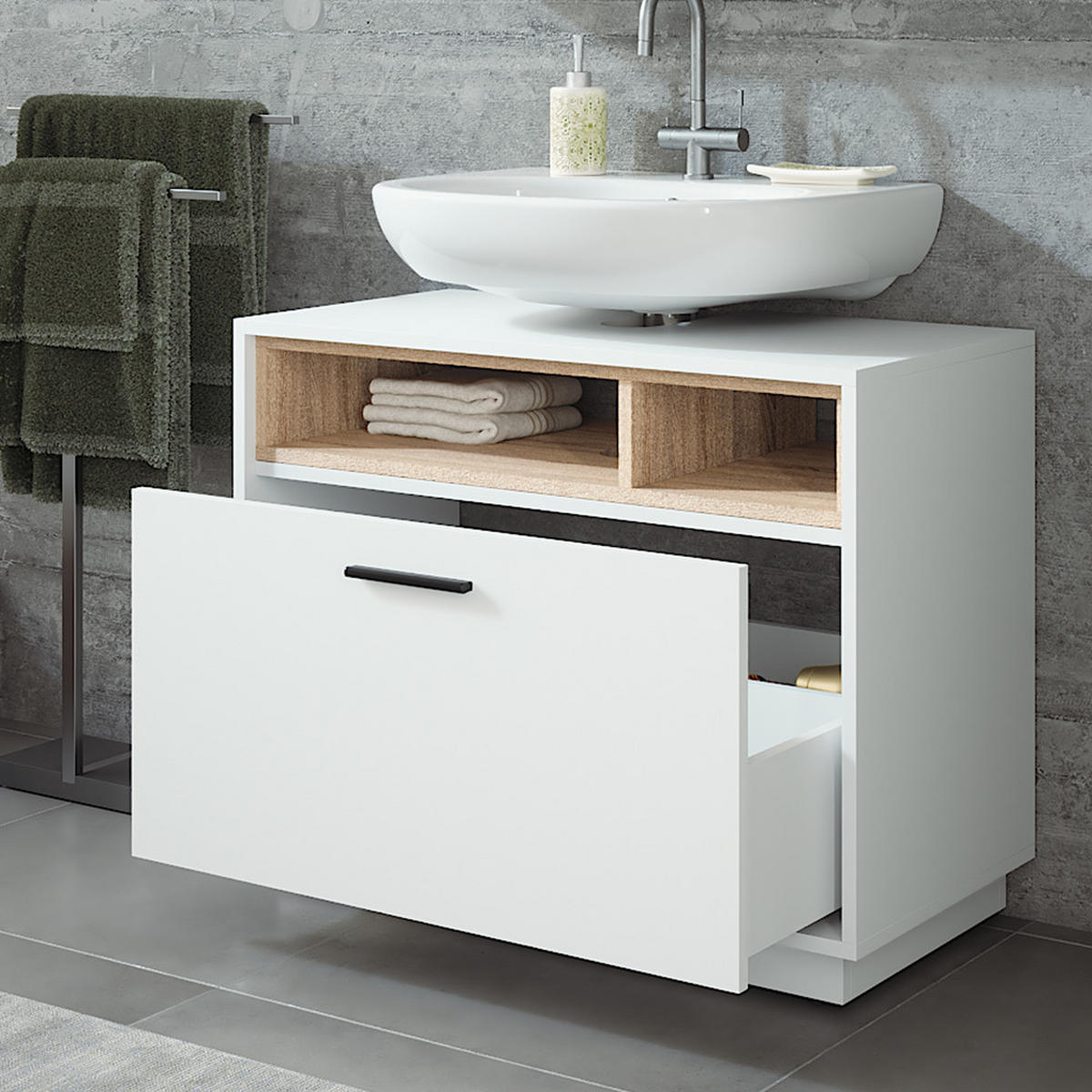 WASCHBECKENUNTERSCHRANK Beatrice Weiß/Sonoma 80 x 84.5 cm mit Schublade - Weiß/Sonoma Eiche, Holzwerkstoff (80/84.5/35cm) - Vicco