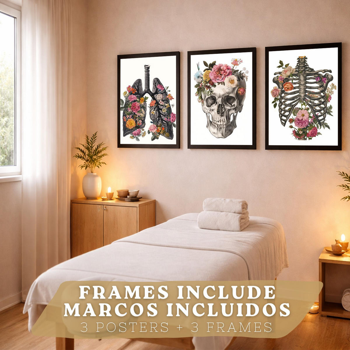 POSTER Set aus 3 Anatomie Mensch Drucke und mit Lungen Luftröhre Bronchien Rippen Wirbelsäule und Schädel Modernes Florales Größe Schwarzer Rahmen A3 - Schwarz, Papier (29.7/42/3cm) - Nacnic