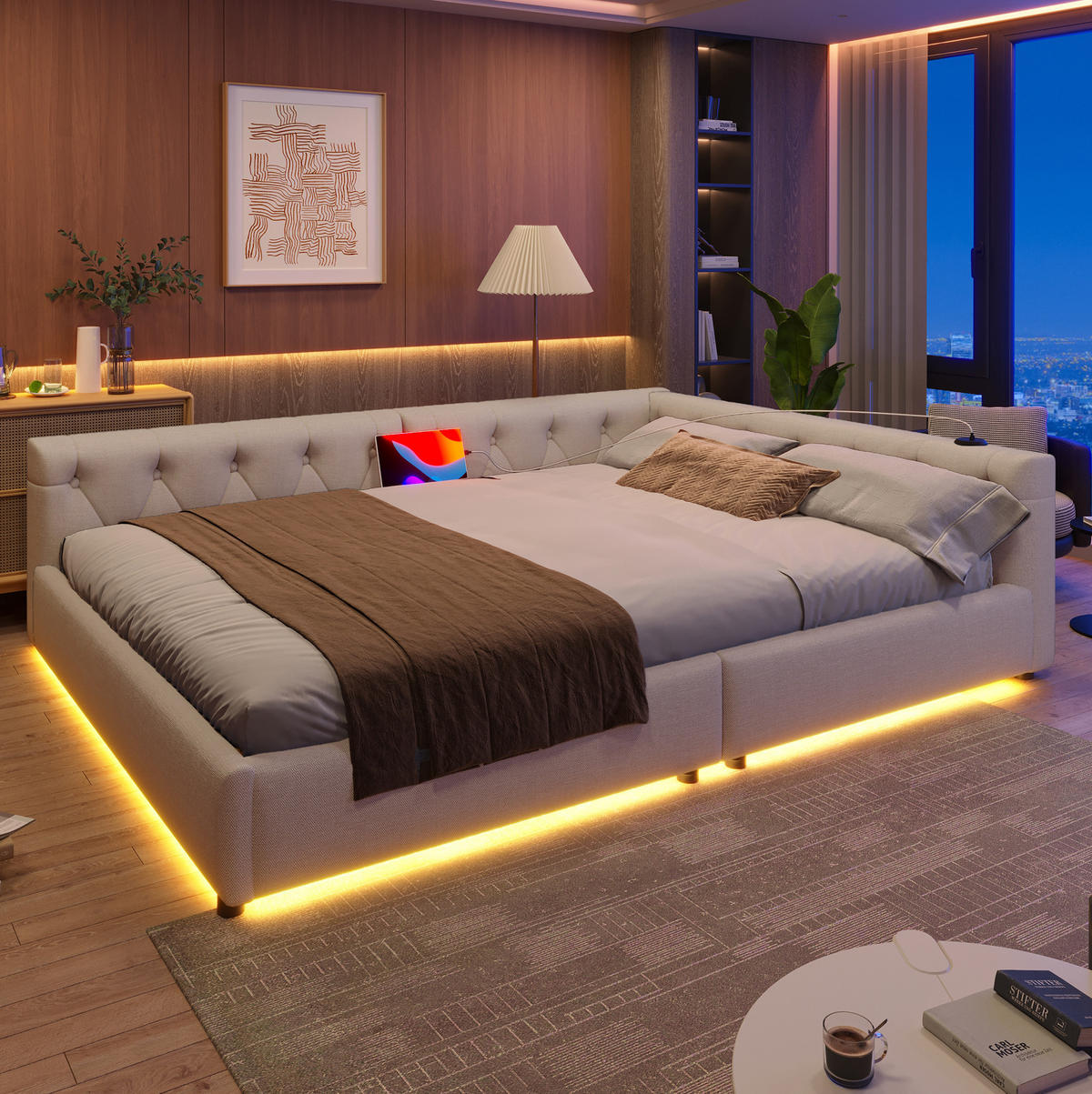 ČALÚNENÁ posteľ 140/200 cm z ľanu a MDF, béžová s LED osvetlením a USB - béžová, textil (140/200cm) - BEAOK