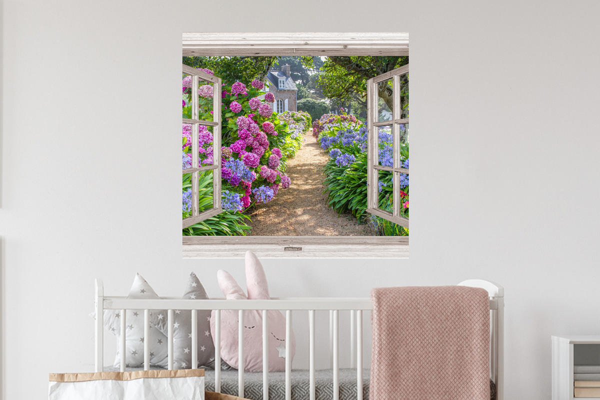 WANDTATTOO Hortensie - Fensterblick - Blumen - Sommer - Lila - Weg 50x50 cm - Lila, Kunststoff (50/50/0.1cm) - MuchoWow