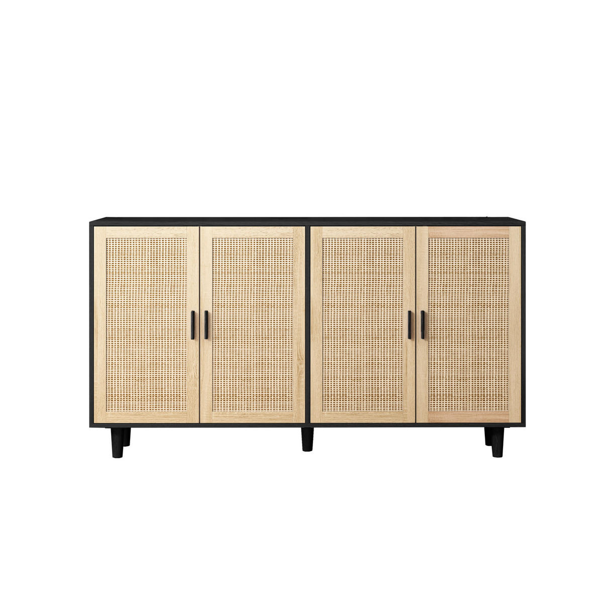 SIDEBOARD aus Spanplatte 158x40x88 cm Schwarz mit 4 Rattantüren und verstellbarem Einlegeboden - Schwarz, Holzwerkstoff (158/88/40cm) - Modfu