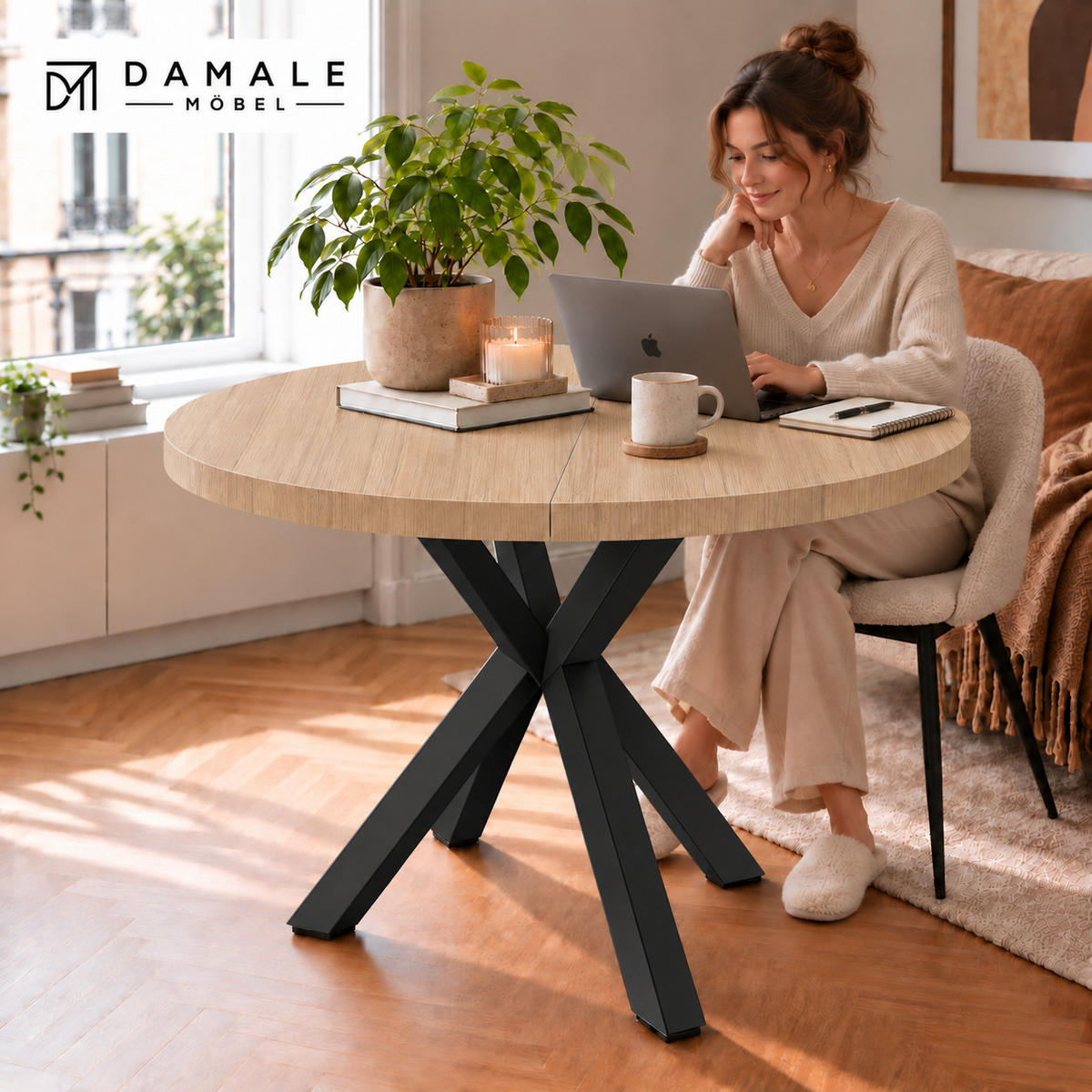 ESSTISCH rund ausziehbar 110/210/76 cm, Braun Hikora Egger Natur, 54 cm Tischplatte + X Metallbeine Schwarz - Eichefarben/Schwarz, Holzwerkstoff/Metall (110/210/76cm) - Damale Möbel