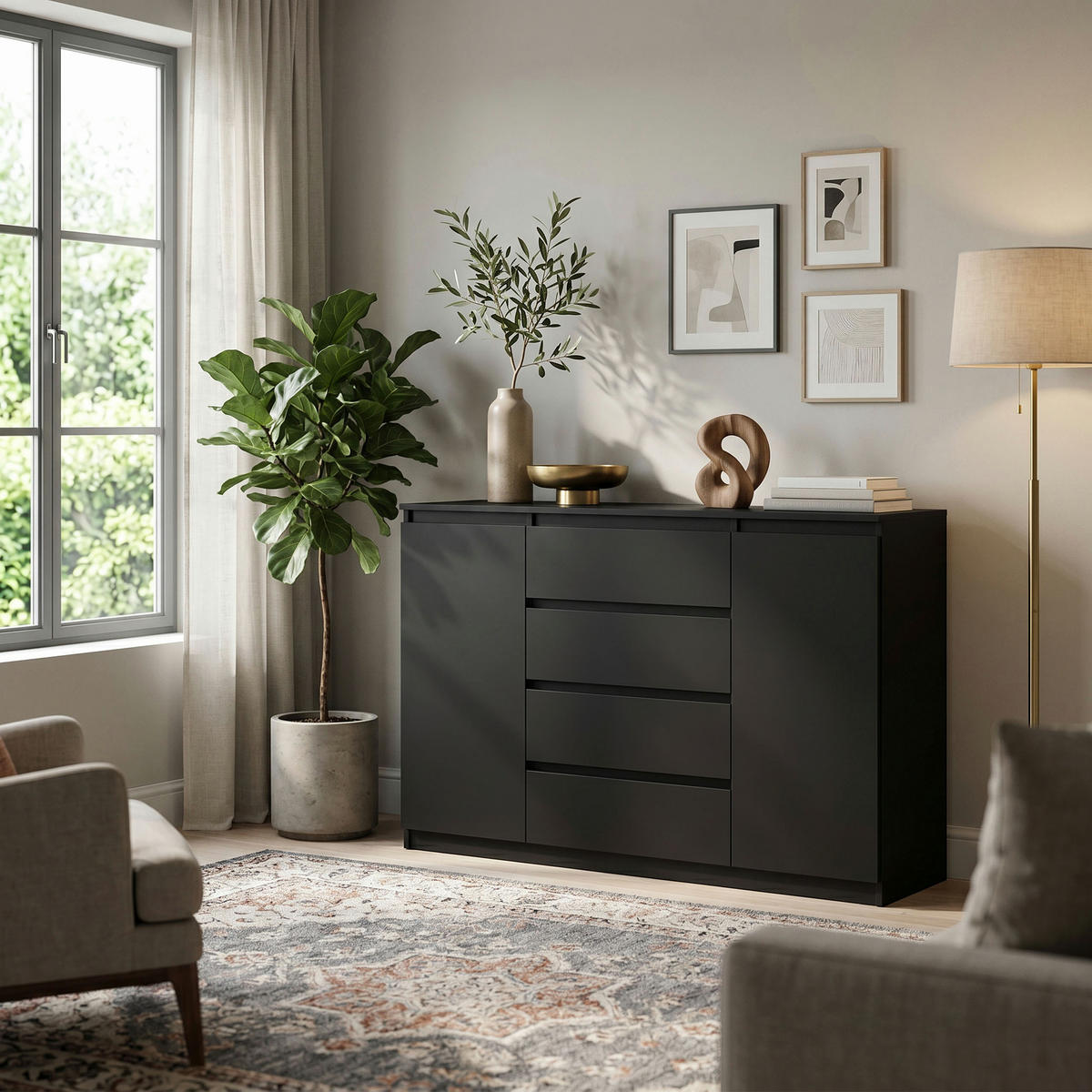 KOMMODE NUDO 138,5/101,5/39cm mit 4 Schubladen 2 Türen Schwarz - Schwarz, Holzwerkstoff (138.5/101.5/39cm) - MASSENO