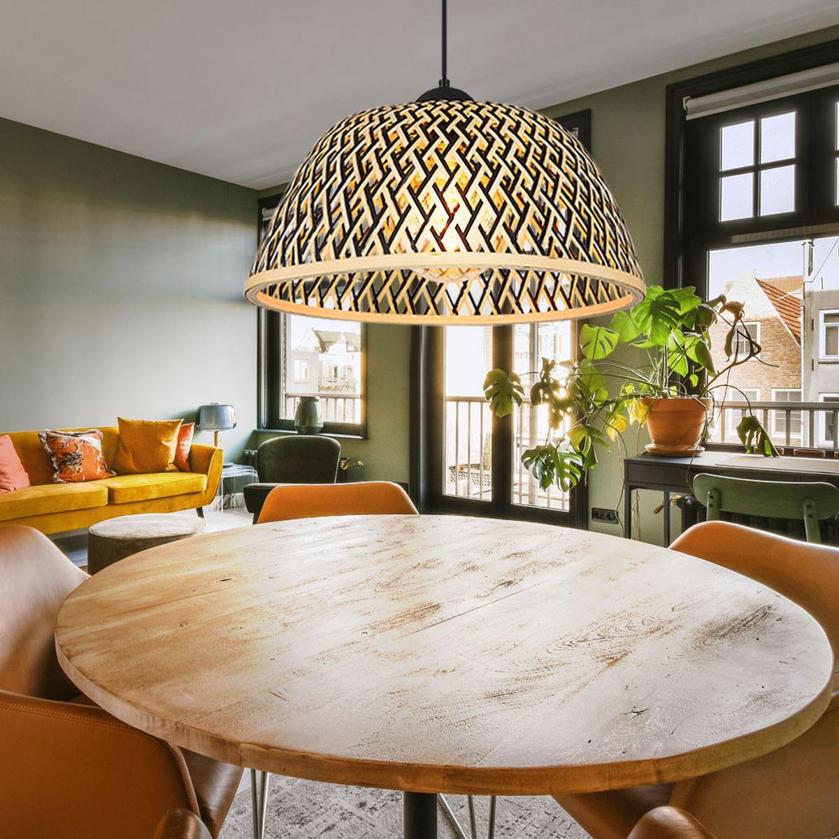 HÄNGELEUCHTE Metall Bambus Schirm Schwarz Matt - Schwarz, Holz (40/40/120cm) - Globo Lighting