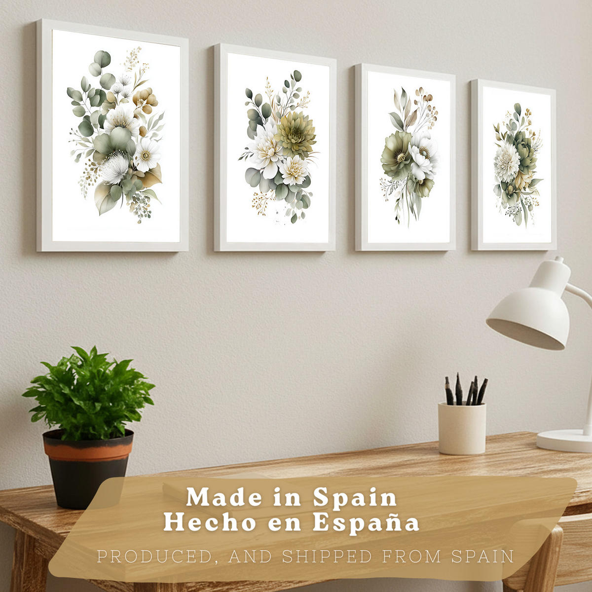 PLAKAT Sada 4 boho botanických uměleckých tisků. Akvarelové květinové nástěnné umění. Velikost Bílý rám A3 - bílá, papír (29.7/42/3cm) - Nacnic