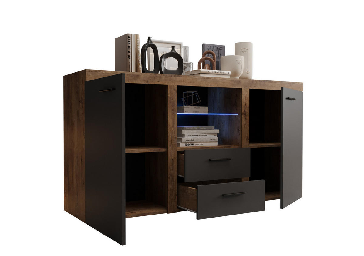 KOMMODE London LRK mit 2 Türen, Sideboard in Farbe: Dunkelgrau|Braun, Größe: 156 x 82 x 40 cm - Dunkelgrau/Braun, Holzwerkstoff (156/82/40cm) - O-Sofa