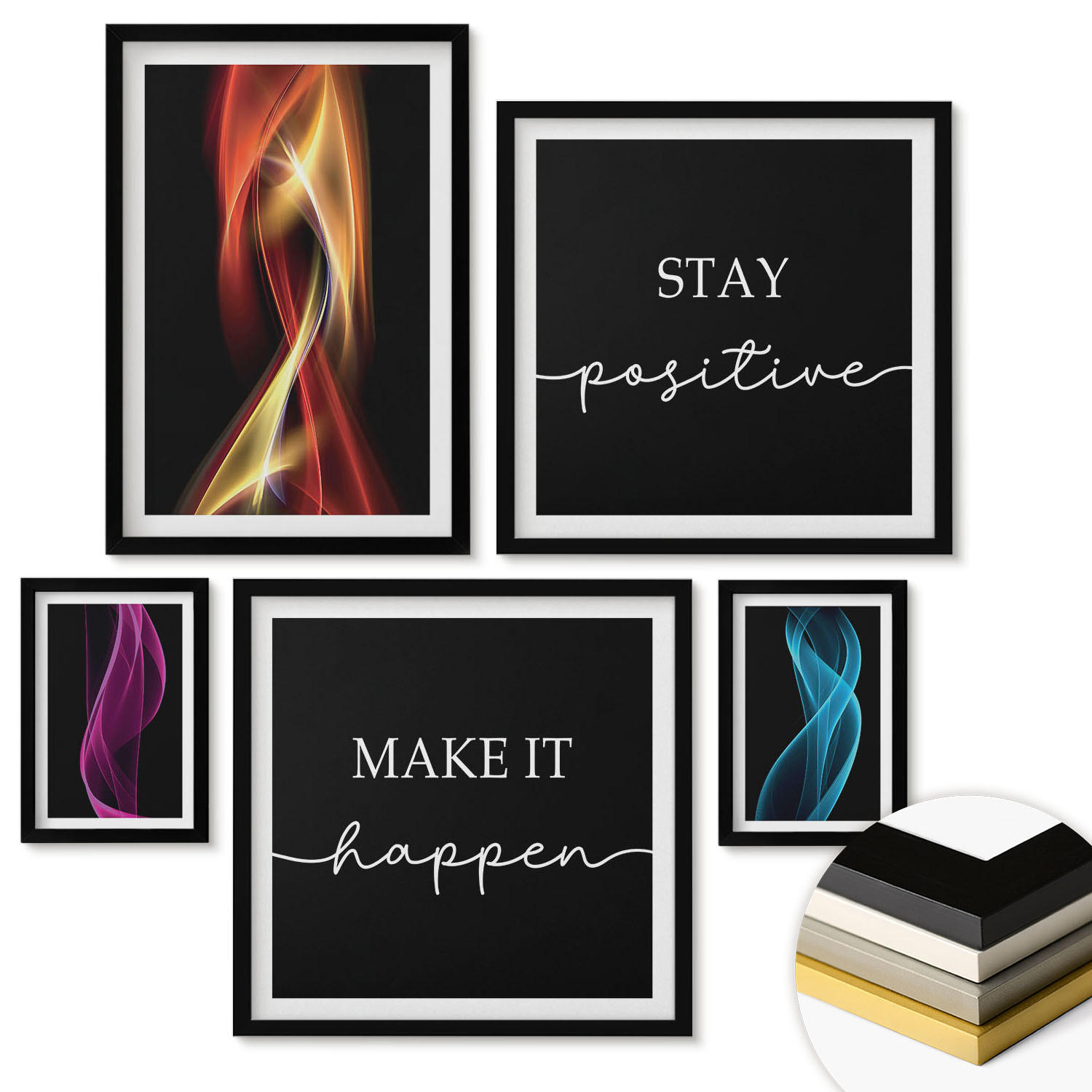 WANDBILDER 5er-Set - 50x50 cm & 20x30 cm & 40x60 cm Schwarzer Rahmen - Blumen Marmor weiß schwarz - Schwarz, Kunststoff (40/60cm) - ArtPrintCave