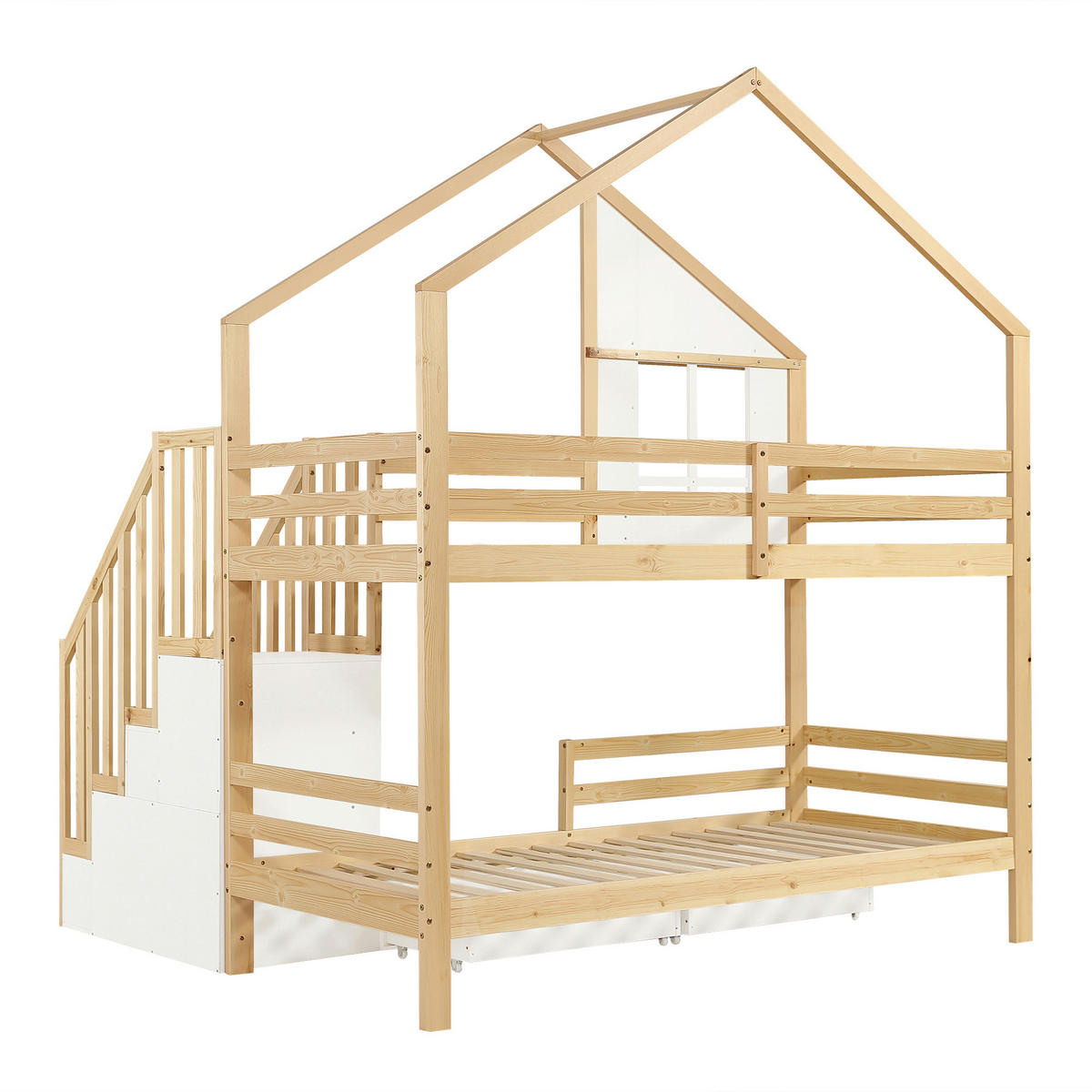 ETAGENBETT 90/200 cm in Weiß & Natur mit Stauraumtreppe und Schubladen - Naturfarben/Weiß, Holz/Holzwerkstoff (90/200cm) - WISHDOR