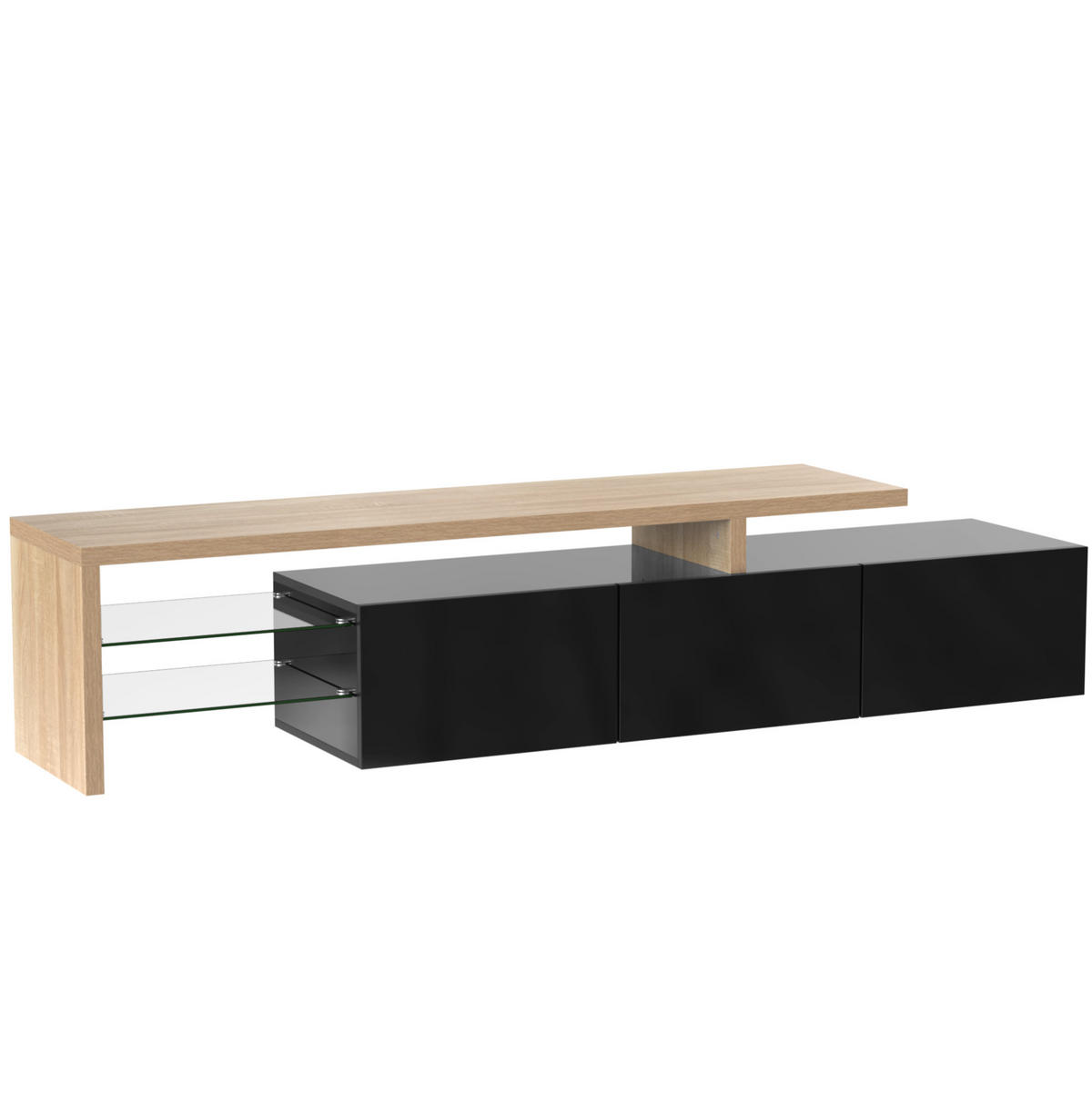 TV-SCHRANK aus MDF und Glas 197,5x39x42 cm Natur/Schwarz mit 3 Türen, Glasböden und 7-farbiger LED-Beleuchtung - Naturfarben, Holzwerkstoff (197.5/42/39cm) - Modfu