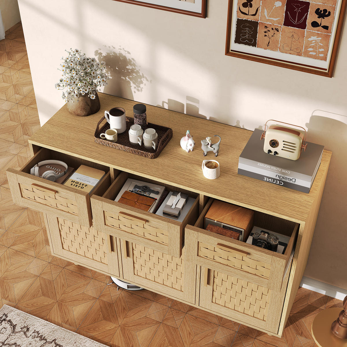 SIDEBOARD für das Esszimmer mit Korbgeflecht-Optik, Aufbewahrungsschrank aus Naturholz, Wohnzimmerschrank mit 3 Schubladen und 3 Türen, in Eiche - Alteiche, Holz (40/80/107.9cm) - WoodenAura