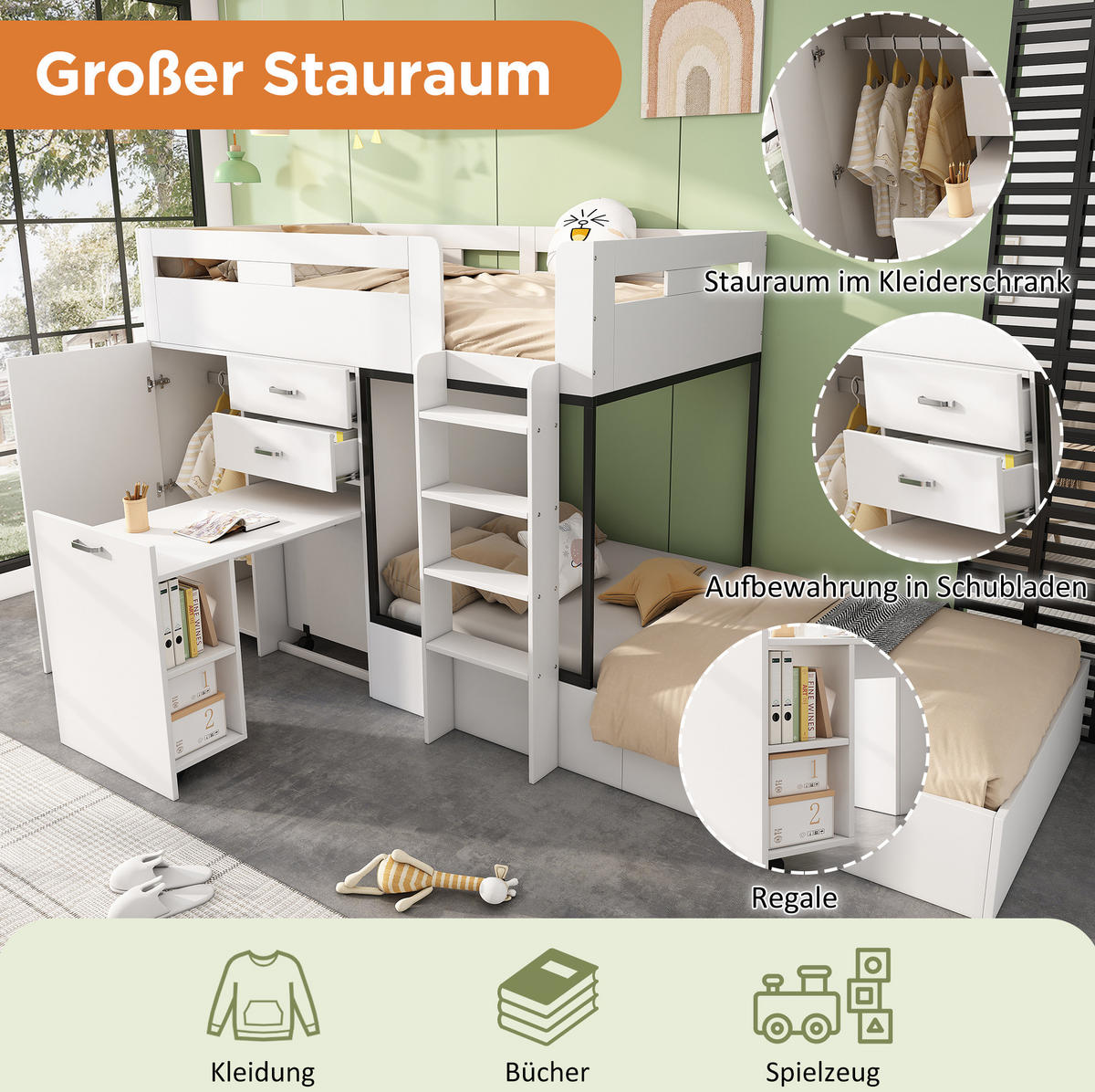 POSCHODOVÁ posteľ 90/200 cm biela/čierna s výsuvným písacím stolom a šatníkom z MDF - biela, kompozitné drevo (90/200cm) - OKWISH