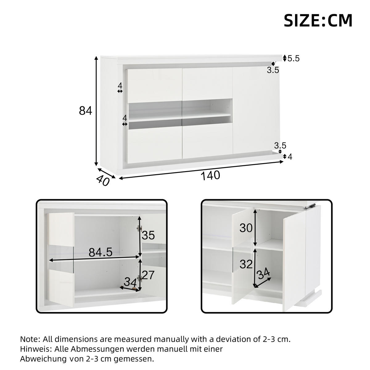 SIDEBOARD LED Hochglanz 4 Fächer Glas 140x40x84cm - Weiß, Holzwerkstoff (40/84/140cm) - FLIEKS