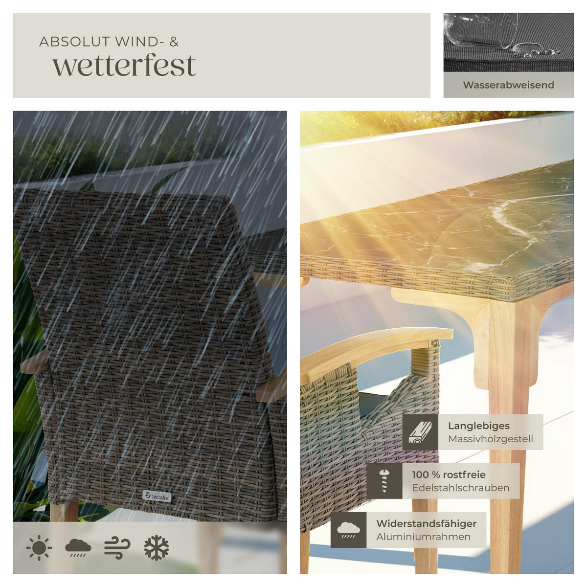 GARTENTISCH Foggia mit 8 Stühlen Rosarno, Armlehnen und Beine aus Holz, natur - Naturfarben, Kunststoff - tectake