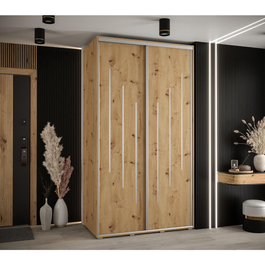 Thumbnail - Abiks Möbel Schwebetürenschrank, Eiche Artisan, Eiche Artisan, Silber, Metall, Nachbildung, 6 Fächer, 130x235x60 cm, Sch...