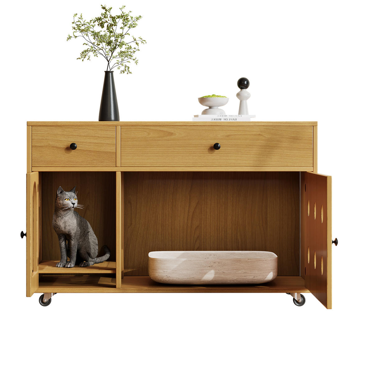 SIDEBOARD Naturgarben aus MDF 100×45×66cm als Katzenkloschrank mit Sandauffangplatte und Schubladen - Naturfarben, Holzwerkstoff (45/66/10cm) - Luhomfu