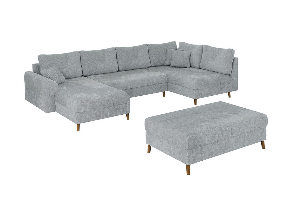 WOHNLANDSCHAFT inkl. Hocker Sigurd Hellgrau Chenille - Hellgrau/Braun, Holz/Textil (310/81/161cm) - S-Style Möbel