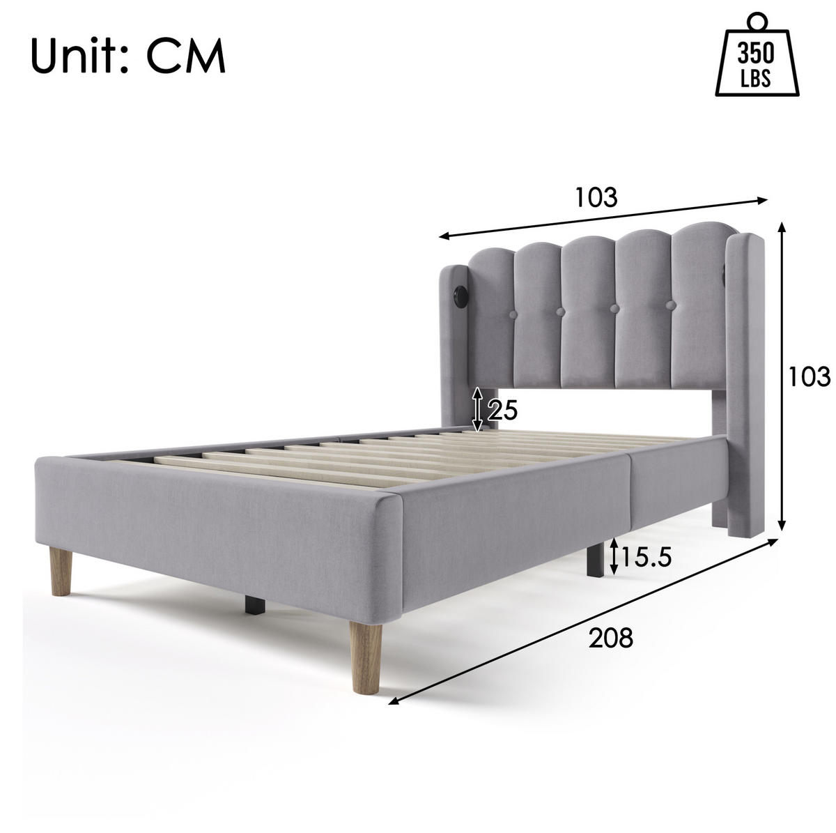 POLSTERBETT mit USB und Typ-C 90x200 cm Leinen Grau - Grau, Metall (90/200cm) - Meubliv