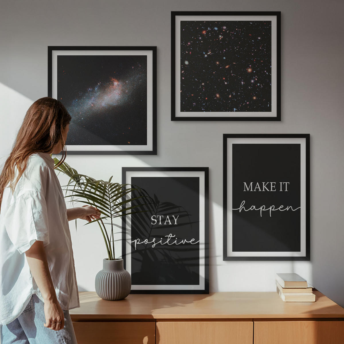 BILDER SET 4er Set - 50x50 cm & 40x60 cm Schwarzer Rahmen - Motivationsslogans Sterne Weltraum - Schwarz, Kunststoff (50/50cm) - TULUP