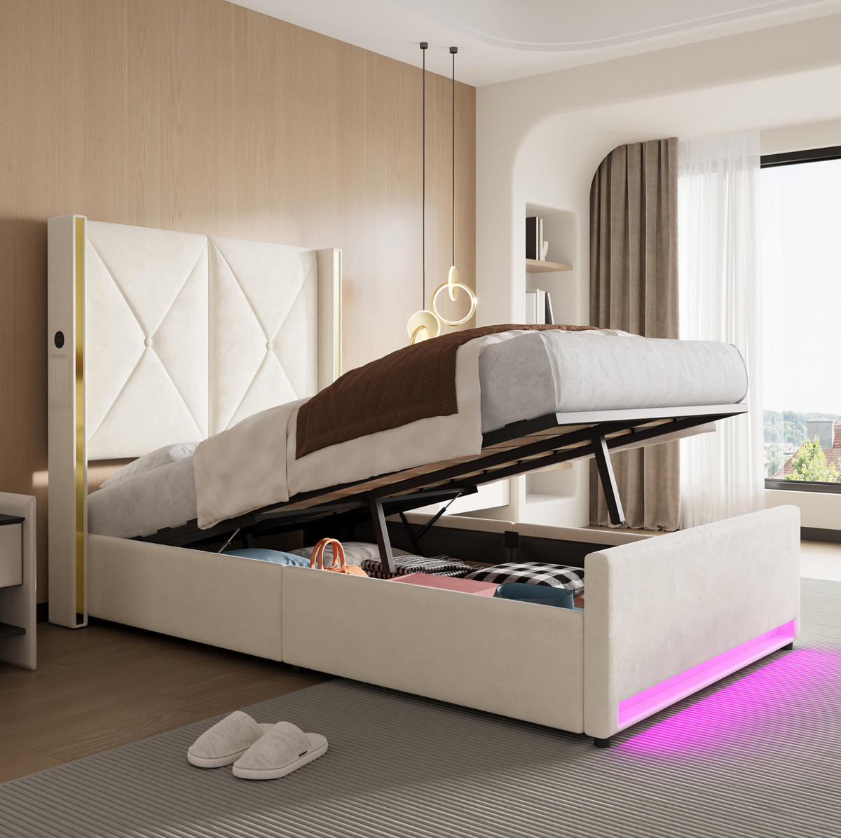 POLSTERBETT 90/200 cm mit USB, Type-C, LED und hydraulischem Bettkasten, Samt mit Seitentaschen, Beige - Beige, Textil (90/200cm) - Redom