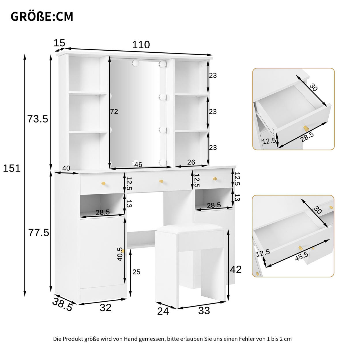 SCHMINKTISCH 110/40/151 cm mit LED-Beleuchtung, Spiegel, 3 Schubladen und 2 Türen, Weiß - Weiß, Holzwerkstoff (110/151/40cm) - Redom