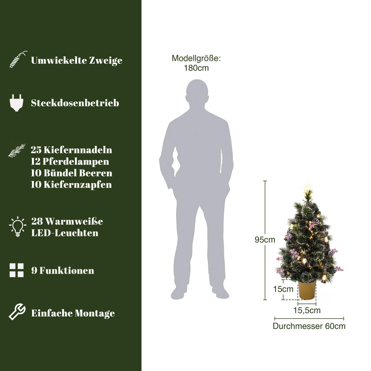 GLASFASER Weihnachtsbaum 95 cm mit LED & Mini-Laternen - Grün, Kunststoff (95cm) - Hometopia