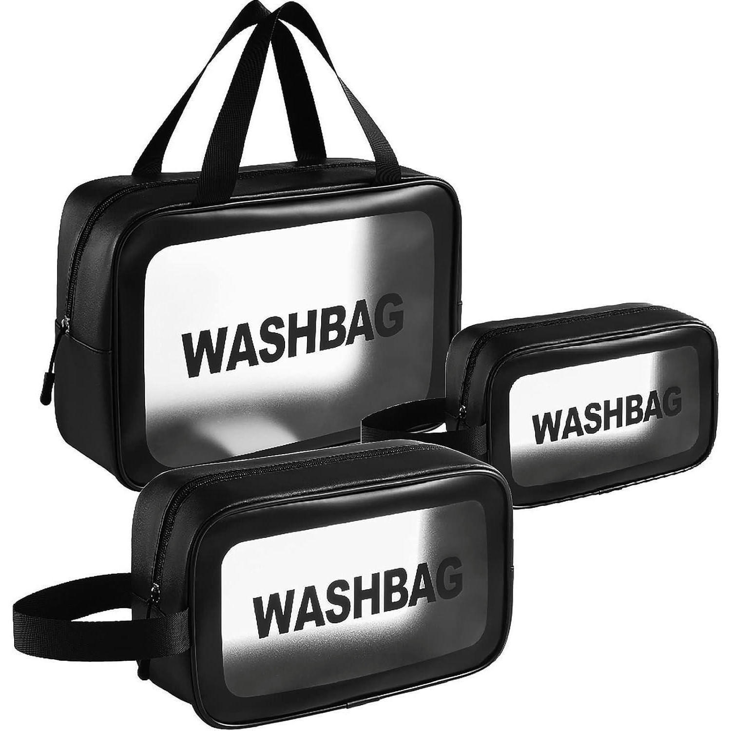 KULTURTASCHEN Set 3-teilig Transparent Wasserdicht Schwarz - Transparent, Kunststoff (14/12/22cm)