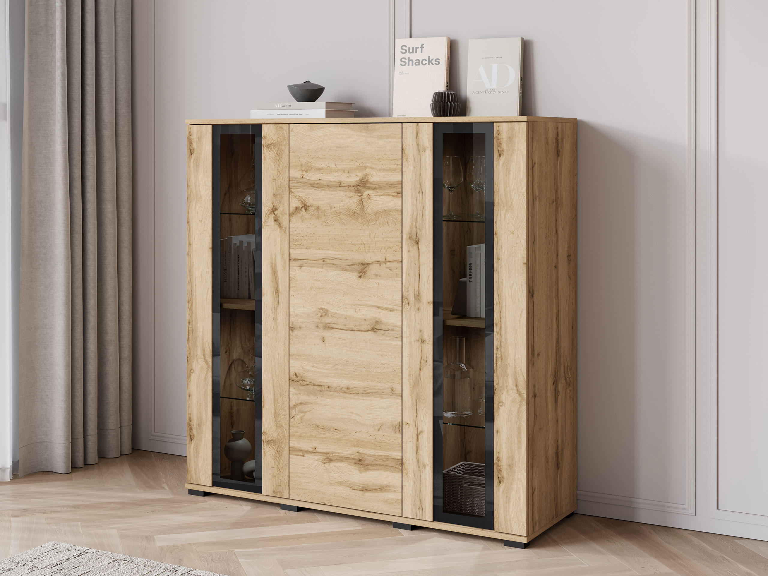 KOMMODE Caro HB 120 - Eiche Wotan/Schwarz, Holzwerkstoff/Kunststoff (120/122/40cm) - MIRJAN24