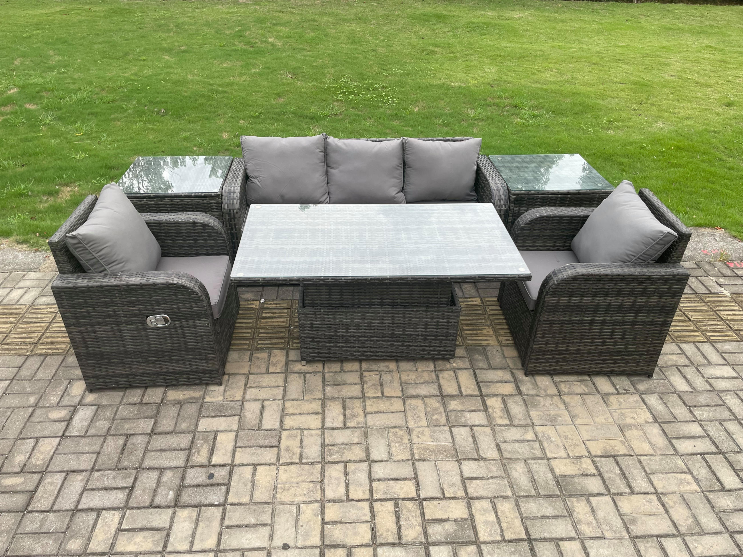 SITZGRUPPE GARTENSET Polyrattan Outdoor 5-Sitzer - Dunkelgrau/Grau, Glas/Kunststoff - Fimous