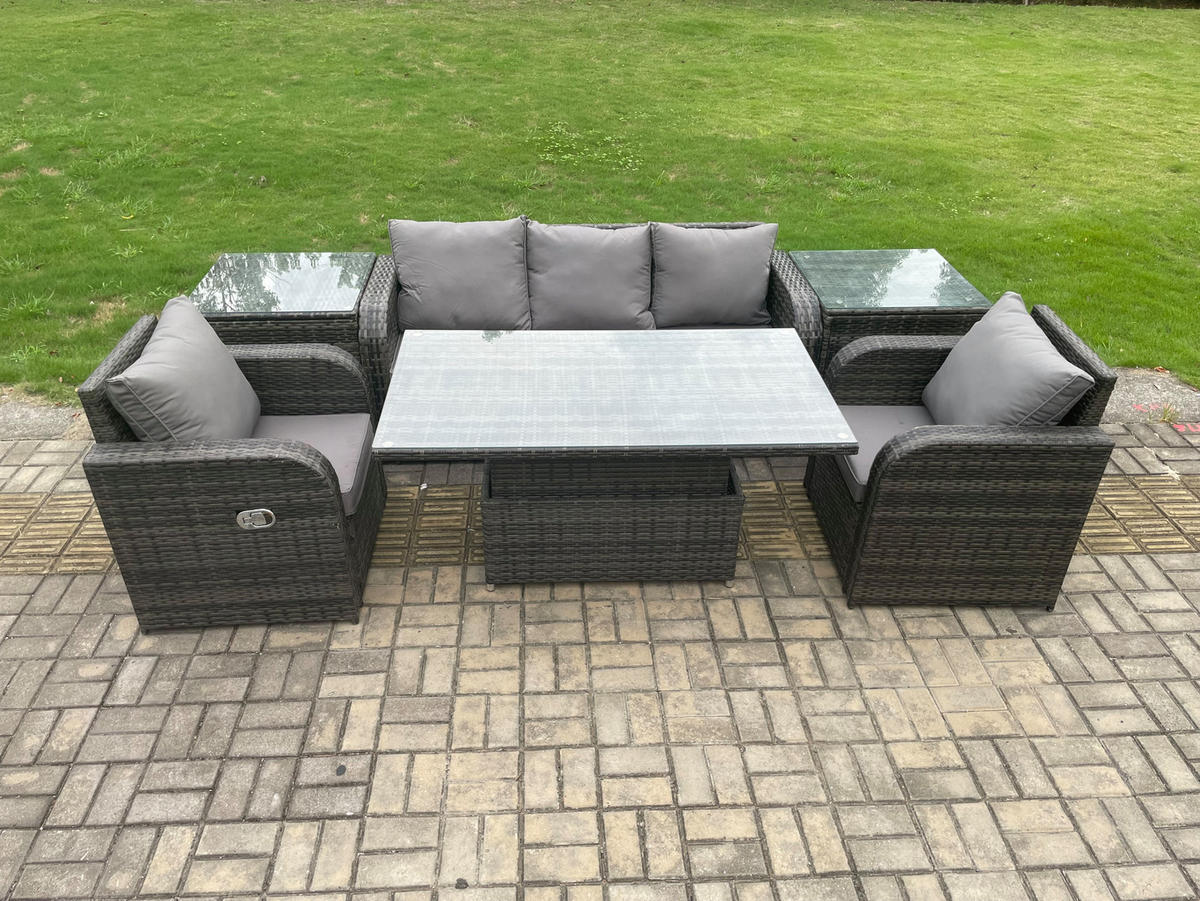 SITZGRUPPE GARTENSET Polyrattan Outdoor 5-Sitzer - Dunkelgrau/Grau, Glas/Kunststoff - Fimous