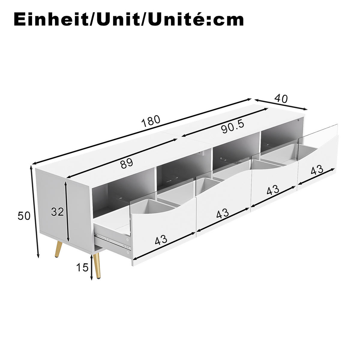 TV-LOWBOARD 180/40/50 cm mit LED-Beleuchtung, Glasfront und Kabeldurchlass - Weiß, Holzwerkstoff (180/50/40cm) - BEAOK