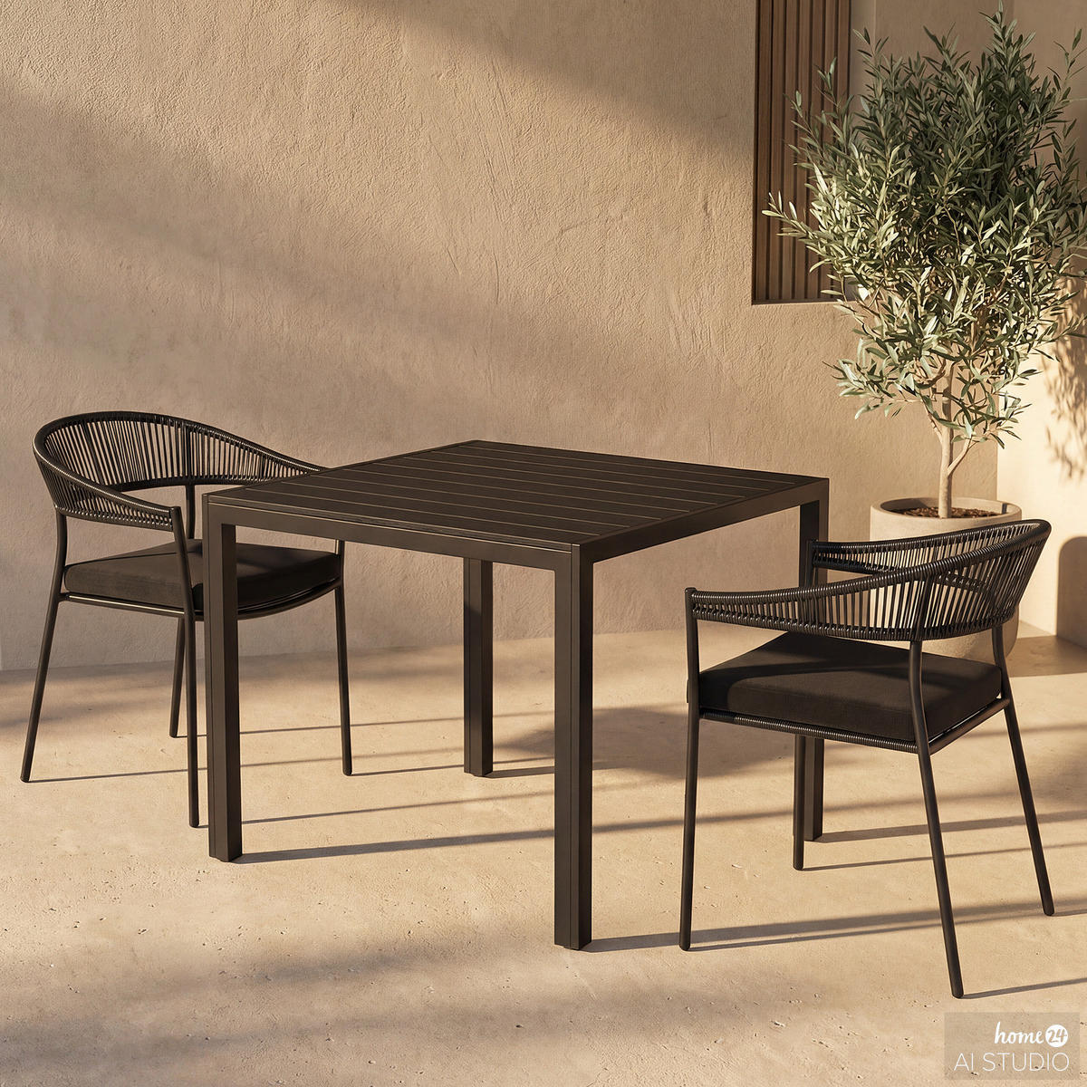 GARTENESSGRUPPE - 3-teilig - Stahl / Polyrattan - Schwarz - Schwarz, Kunststoff/Textil - home24