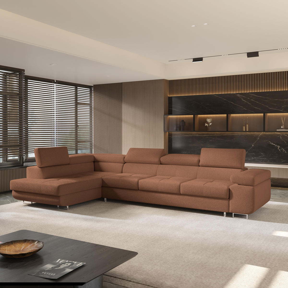 ECKSOFA VICENTE Kupferfarben Boucle-Stoff mit Schlaffunktion - Kupferfarben, Holz (346/202cm) - MASSENO